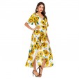 Women's long short-sleeved floral dress women's summer vacation beach skirt
