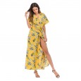 Women's long short-sleeved floral dress women's summer vacation beach skirt