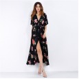 Women's long short-sleeved floral dress women's summer vacation beach skirt