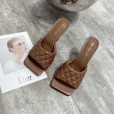 Spring and summer catwalk rhombic bread design fashion sandals simple square head high-heeled slippers 979-5