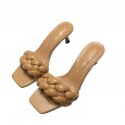 Candy-colored sandals female summer new fine-heeled woven square head high-heeled open-toe fairy wind-cool half slippers