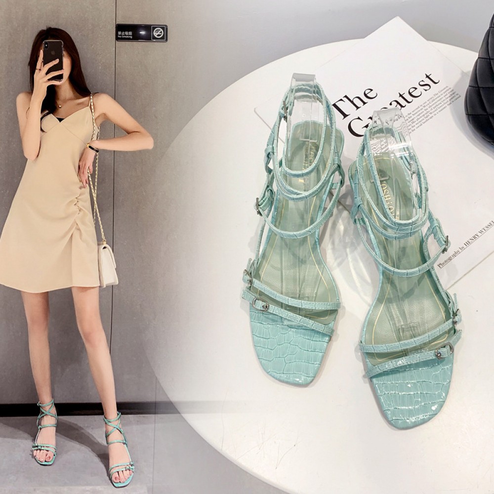 Summer new style Roman thin stone pattern cat heel OL dress female sandals