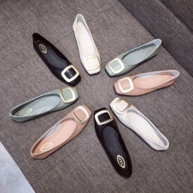 Square head single shoes female Korean new shallow mouth square buckle soft bottom flat heel comfortable women's shoes