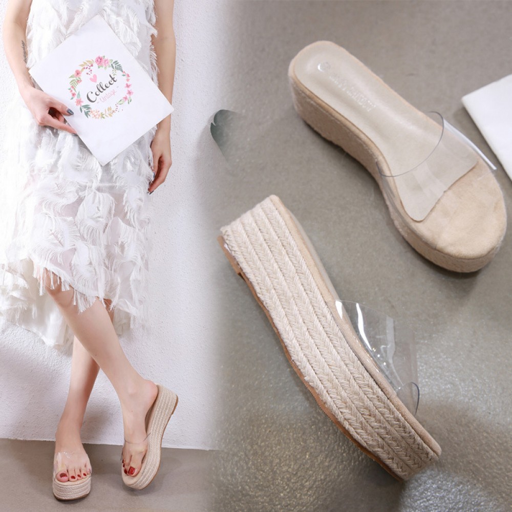 New summer comfortable waterproof platform thick bottom high heel wedge heel hemp rope transparent word with sandals and slippers female
