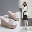 Summer 12CM high heel waterproof platform hemp rope wedge rhinestone slippers 313-5