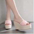 Summer 12CM high heel waterproof platform hemp rope wedge rhinestone slippers 313-5