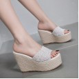 Summer 12CM high heel waterproof platform hemp rope wedge rhinestone slippers 313-5