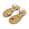 New Pearl Slippers Women Fashion Wear Toe Flat Beach Travel Sandals 5-5
