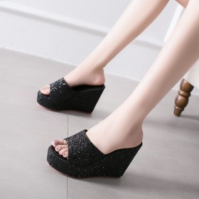 Spring fashion sequined wedge heel platform high heel thick bottom wedding OL half drag female sandals