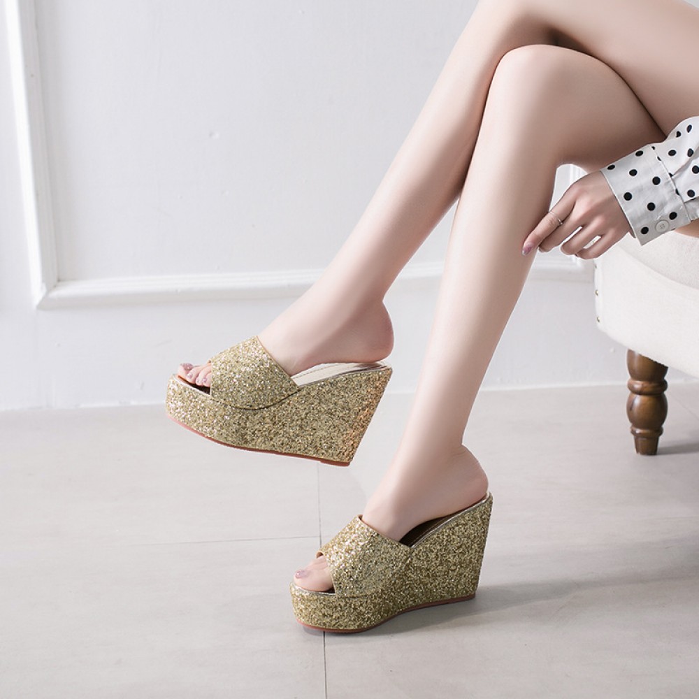 Spring fashion sequined wedge heel platform high heel thick bottom wedding OL half drag female sandals