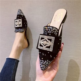 Women's shoes new rhinestone square buckle low heel OL half drag lazy mules
