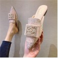 Women's shoes new rhinestone square buckle low heel OL half drag lazy mules