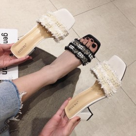 Summer new thick heeled high-heeled square head beaded tassel open-toed female sandals half slippers female 8899-1