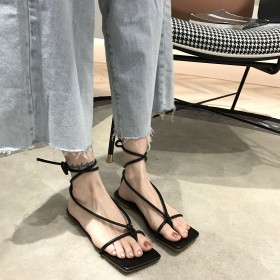 Summer new fairy style open toe word buckle Roman sandals square head thin belt flat bottom women's shoes