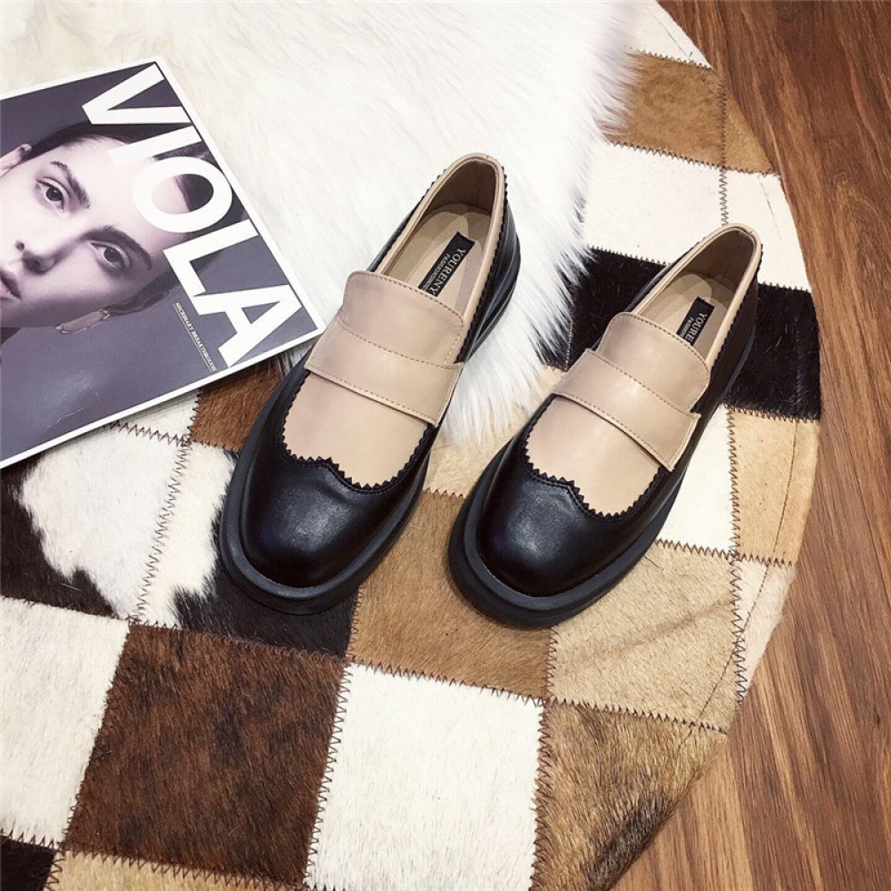 Square head wild small leather shoes spring stitching small fragrance style Oxford single shoes thick bottom one pedal loafers