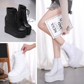 Autumn and winter new sponge cake thick bottom slope with increased height in the lace up round head short boots Martin boots