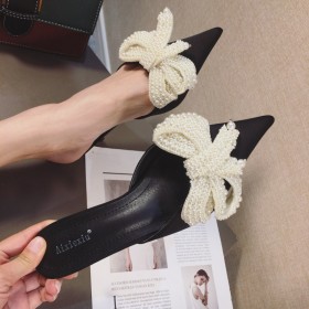 Spring fine-heeled mid-heeled beaded bow pointed toe-toe drag wedding satin OL female sandals