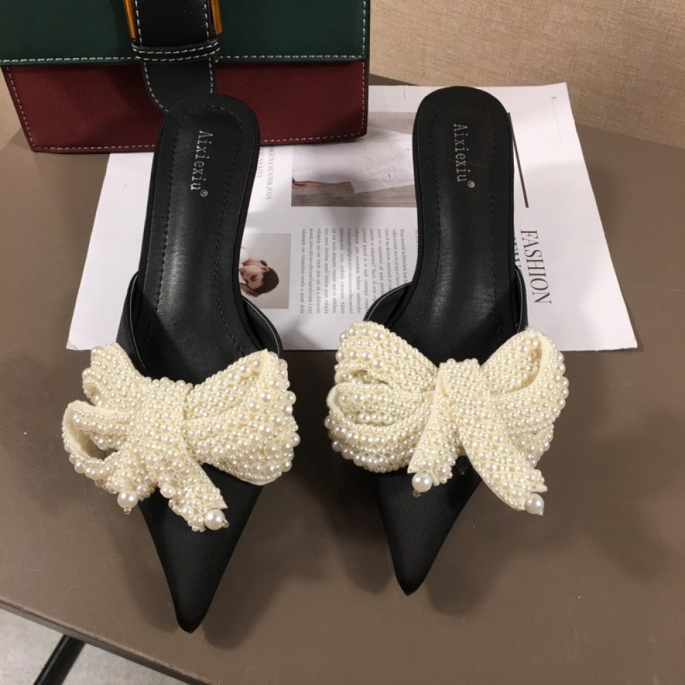 Spring fine-heeled mid-heeled beaded bow pointed toe-toe drag wedding satin OL female sandals