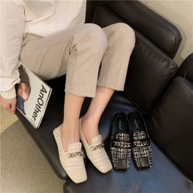 Spring new single shoes small fragrance wind chain shoes lattice color matching flat bottom lazy two wear OL women's shoes