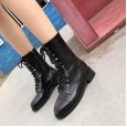 Martin boots women's new style wind leather short boots lace-up chunky heel medium boots