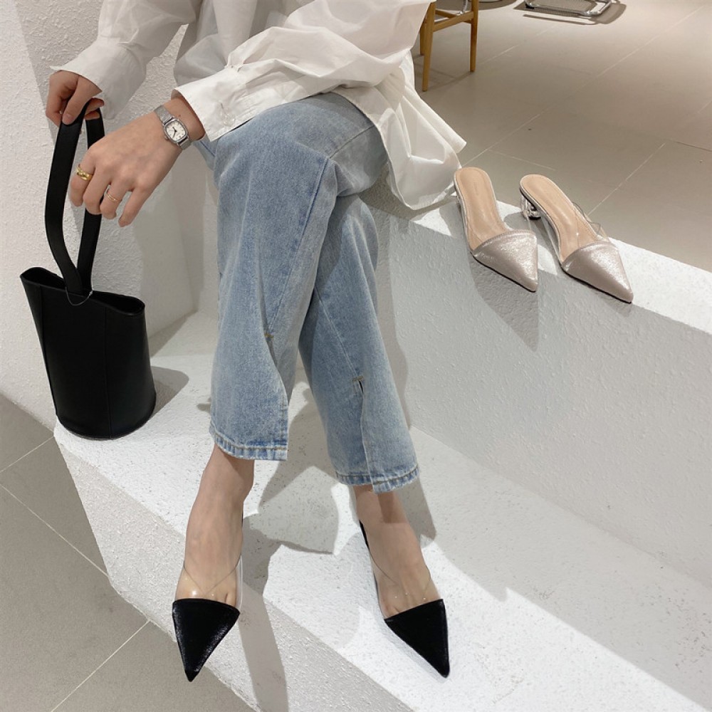 Spring fashion transparent pointed pointed wild crystal spherical middle heel OL half drag lazy women's tide shoes