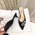 New fashion pointed thin medium heel OL rhinestone semi-toe-head drag