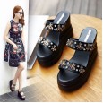 New high-heeled thick bottom sandals and slippers female summer fashion hundred sponge cake bee shoes rhinestone waterproof platform tide