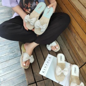Roman linen braided bow wear new summer fairy style wild pearl rhinestone sandals female drag