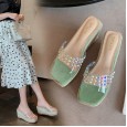 Summer new Roman transparent slope high-heeled square head open-toed beach linen woven thick bottom OL cool female half slippers
