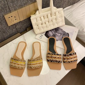 New Bohemian word woven hemp rope flat bottom open toe lazy cool half slippers