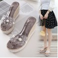 Summer new women's shoes pearl rhinestone flip flops sandals muffins increase Rome beach