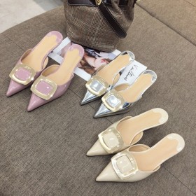 Summer style Baotou drag fashion patent leather middle heel shallow mouth wild OL lazy dress women's shoes L8-