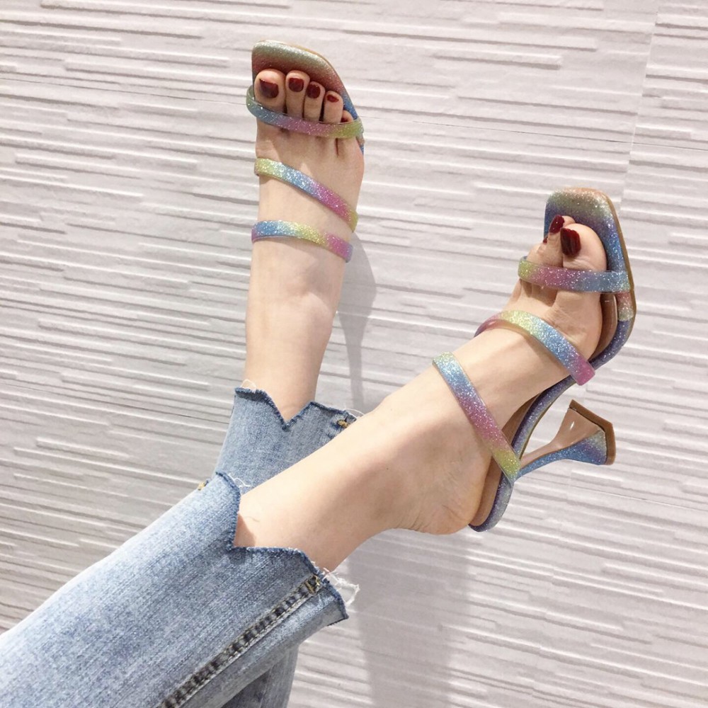 New summer fashion color thin belt open-toed wine glass high-heeled dress catwalk half drag female sandals 41