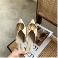 Baotou half slippers female new outer wear flat bottom retro metal buckle pointed sandals thick heel