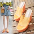 Spring and summer new transparent slope with fish mouth high heel sandals ladies thick bottom half slippers tide