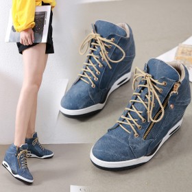 Fashion all-match denim lace-up wedge heel women's shoes spring and autumn new lace-up high heel women's shoes