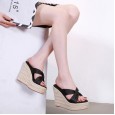 Fashionable summer linen weave wedge heel platform thick bottom high heel cross belt half drag female sandals H6
