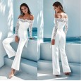 Lace stitching word collar butterfly jumpsuit female big flared trousers