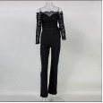 Lace stitching word collar butterfly jumpsuit female big flared trousers