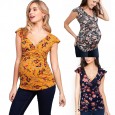 Hot sale maternity dress fashion printed deep V-neck cross breastfeeding T-shirt