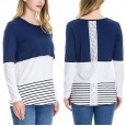 Maternity Wear Long Sleeves Round Collar Colorblock Lace Striped T-Shirt