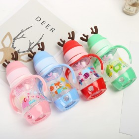 pp safety material transparent milk bottle with handle wide mouth PP double color handle curved antlers buckle bottom bottle