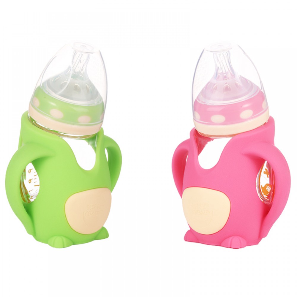 Newborn baby wide-caliber glass bottle with silicone protective sleeve anti-fall explosion-proof baby bottle