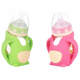 Newborn baby wide-caliber glass bottle with silicone protective sleeve anti-fall explosion-proof baby bottle