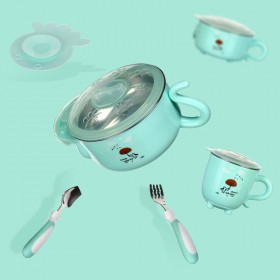 Baby tableware shatter-resistant cartoon stainless steel water injection thermal insulation bowl food supplement bowl suction cup bowl children's tableware set