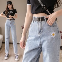 Jeans spring thin section embroidery small daisy jeans female straight loose loose high waist was thin old pants