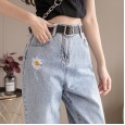 Jeans spring thin section embroidery small daisy jeans female straight loose loose high waist was thin old pants