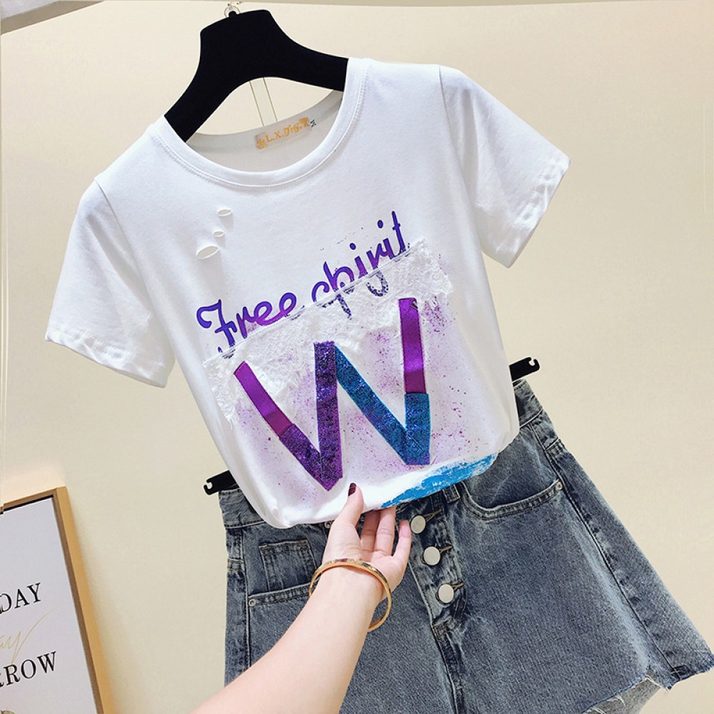 Bronzing cotton T-shirt female short-sleeved European goods pink summer new slim slimming jacket fashion