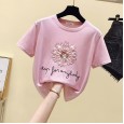 Summer new beaded round neck small daisy short-sleeved T-shirt women's bottoming shirt white ride on top tide