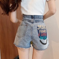 Denim shorts women's summer new tide high waist was thin a word loose wide legs hole letters hot pants